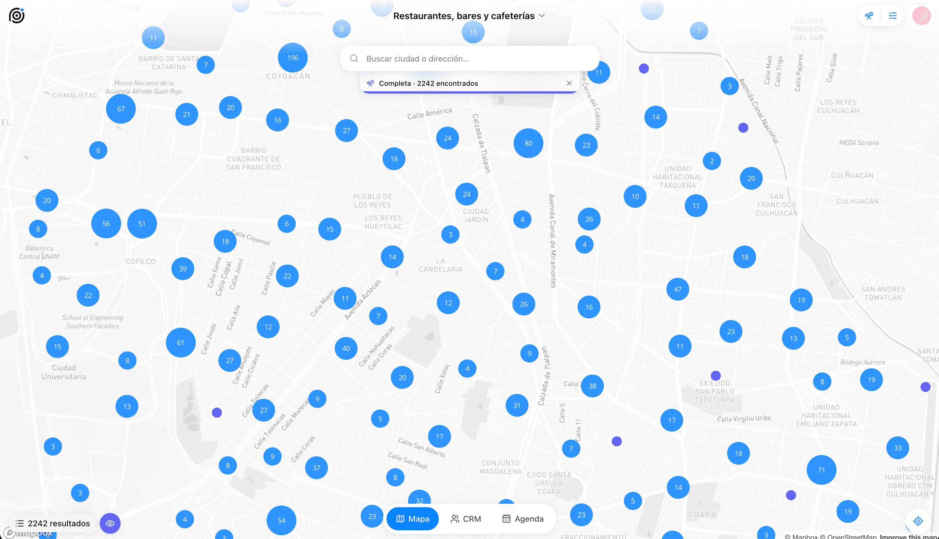 Panel de Prospectool mostrando negocios encontrados en el mapa y su embudo de ventas